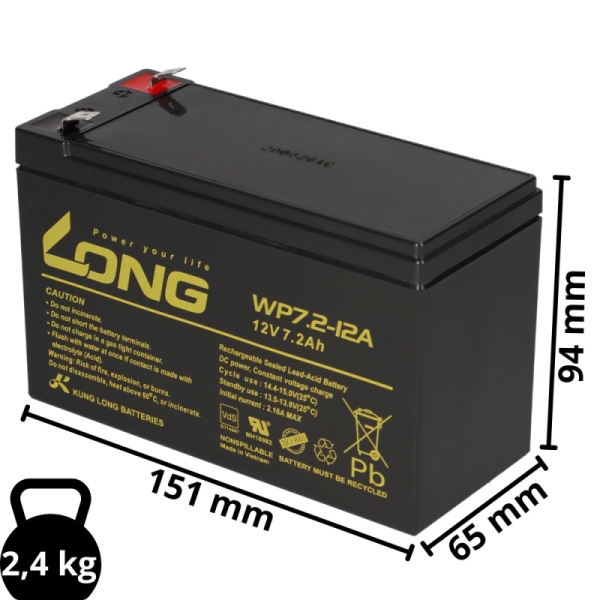 Akkuset kompatibel mit Aiptek Power Walker VFI 3000 LCD, bestehend aus 6 Bleiakkus a 12V 7,2 Ah mit 6,3mm Faston Abmessung einzeln